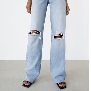 Zara Distressed Wide Leg Ripped Jeans Statement Denim Size 8